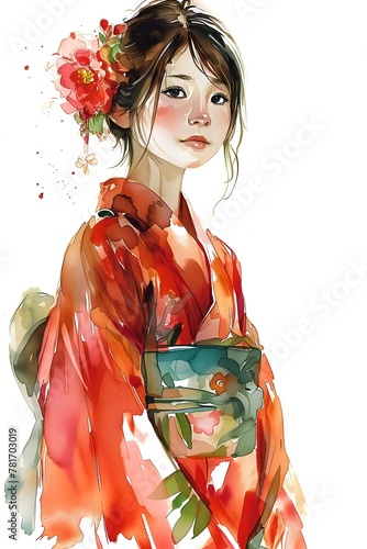 Watercolor Japanese Woman in Kimono