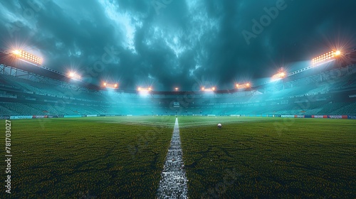 Panoramic highdefinition image of a cricket stadium showing the contrast between daylight and evening atmosphere under stadium lights. Concept Cricket Stadium, Daylight vs Evening