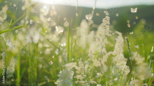 A of white wildflowers sways gently in the breeze while a variety of small fluttering butterflies dance around them near a biofuel plantation in the distance. .