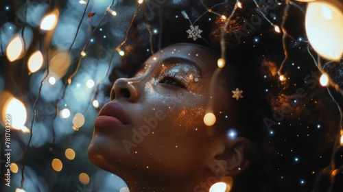 An ethereal black woman stands beneath a veil of ling lights her hair adorned with cosmicinspired clips and baubles. As she looks up to the sky with a dreamy gaze she embodies the .