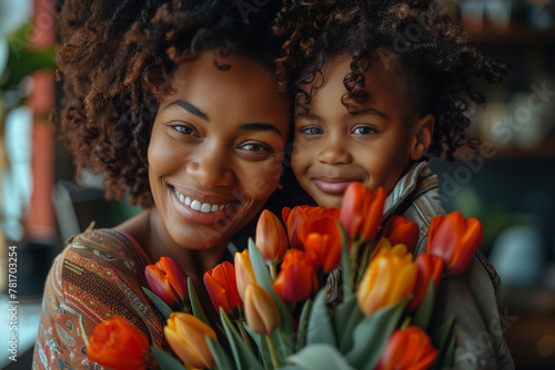 Happy Mother's Day Celebration with Black Mother and Child and Flowers photo