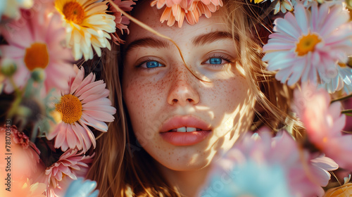 macro photo of a freckled girl with blue eyes behind soft pastel colorful flowers