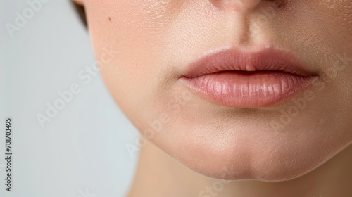 A crease between pursed lips indicating tension and apprehension. . photo