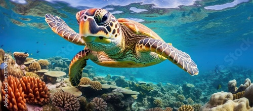 view in the sea of beautiful turtles swimming