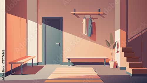 A spacious foyer with a simple bench and a coat rack devoid of any decor or knickknacks. The lack of clutter and visual noise in this empty