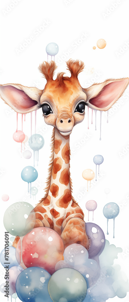 Fototapeta premium cute baby giraffe sitting on potty surrounded by lots of bubbles in the style of watercolor painting