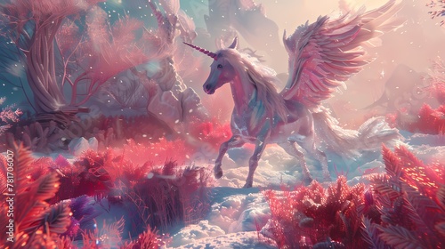 Digital ice sculptures and pegasus ice scenes poster background