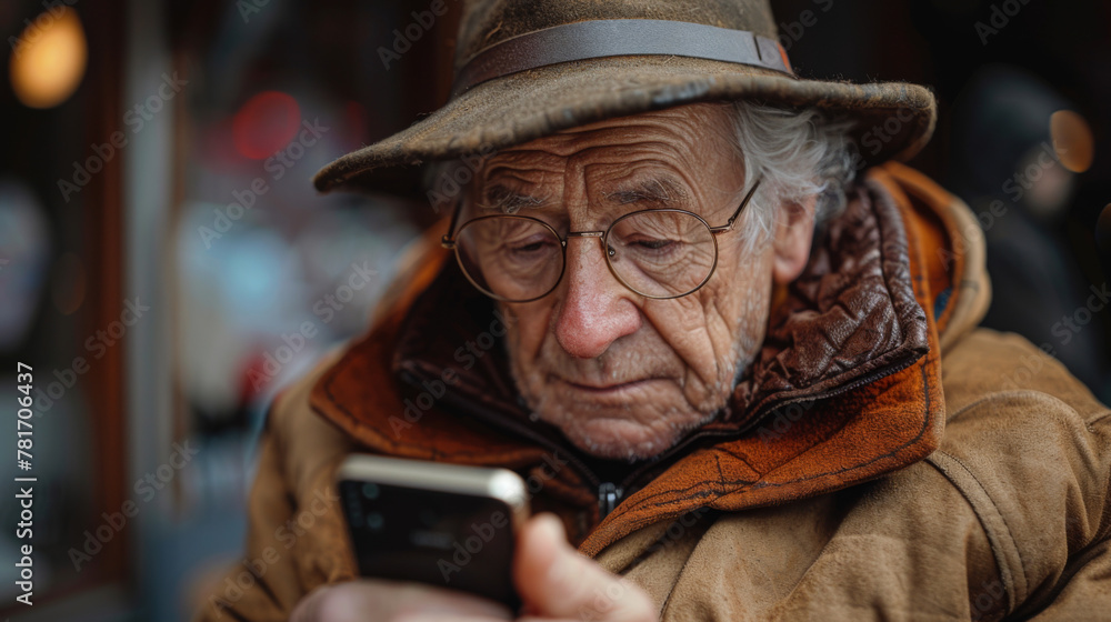 Expression of a senior man using a mobile phone.