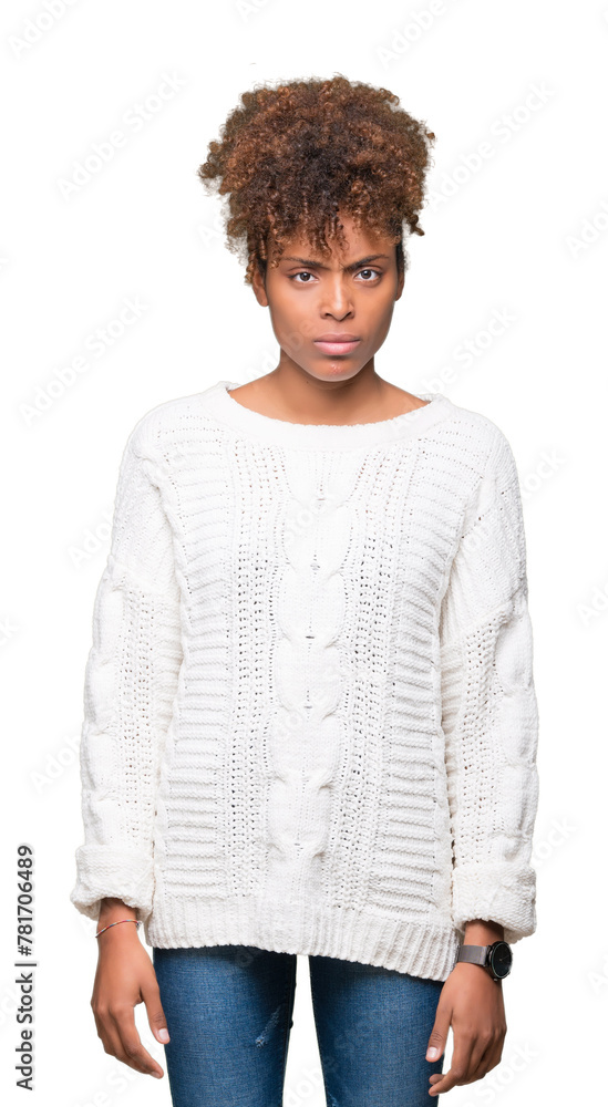 Beautiful young african american woman wearing winter sweater over isolated background skeptic and nervous, frowning upset because of problem. Negative person. Beautiful young african american woman wearing winter sweater over isolated background skeptic and nervous, frowning upset because of problem. Negative person.