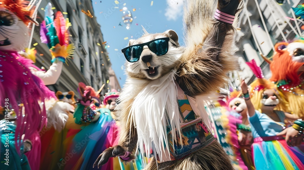Anthro Marmot Dances Exuberantly in Fashion Forward Sunglasses Amongst Vibrant Carnival Parade Generative ai