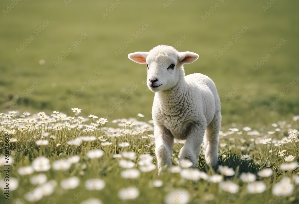 A young lamb frolicking in a field of daisies under the spring sun.