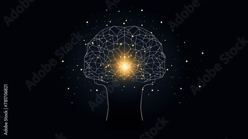 Abstract line illustration of the brain glowing in the dark. Sparkling neural network of the brain with glowing neurons. Mental energy, brain function, neural activity and cognition concepts.