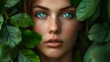 Woman with blue eyes and green leaves around her. generative ai