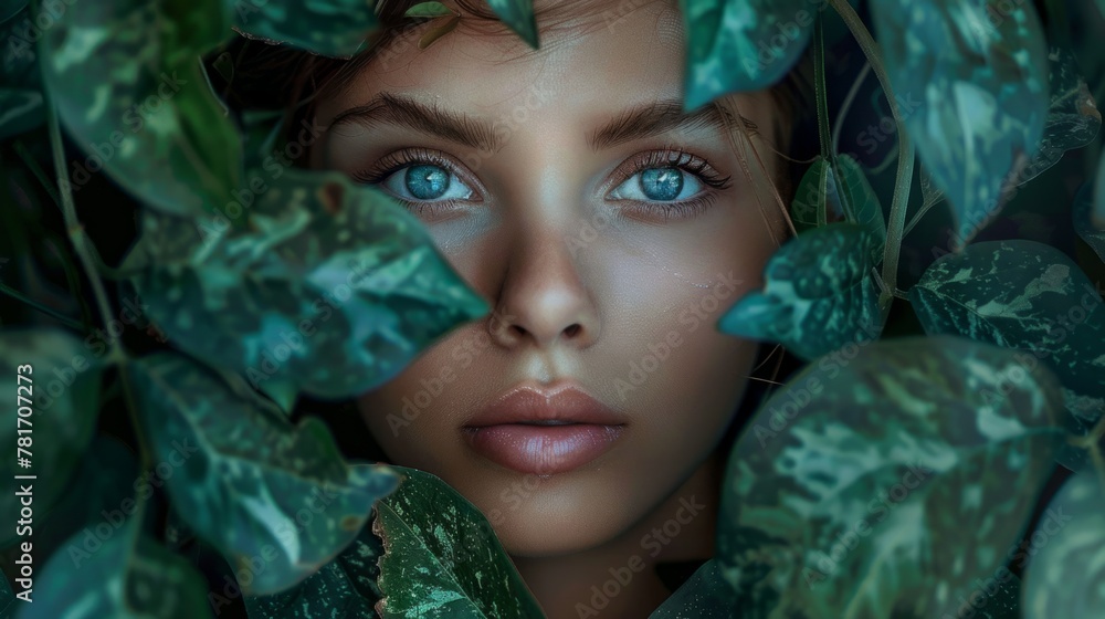 Woman with blue eyes and green leaves around her. generative ai Woman with blue eyes and green leaves around her. generative ai