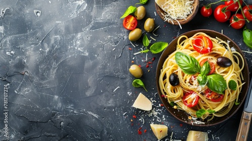 Bowl of spaghetti with tomatoes, olives, cheese