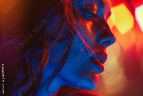 Sensual female profile with red and blue neon lighting, creating a mysterious and alluring atmosphere with a hint of edginess.