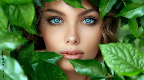 Woman with blue eyes and green leaves around her. generative ai