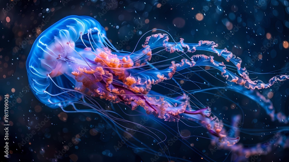 Fototapeta premium Digital underwater world blue jellyfish poster background