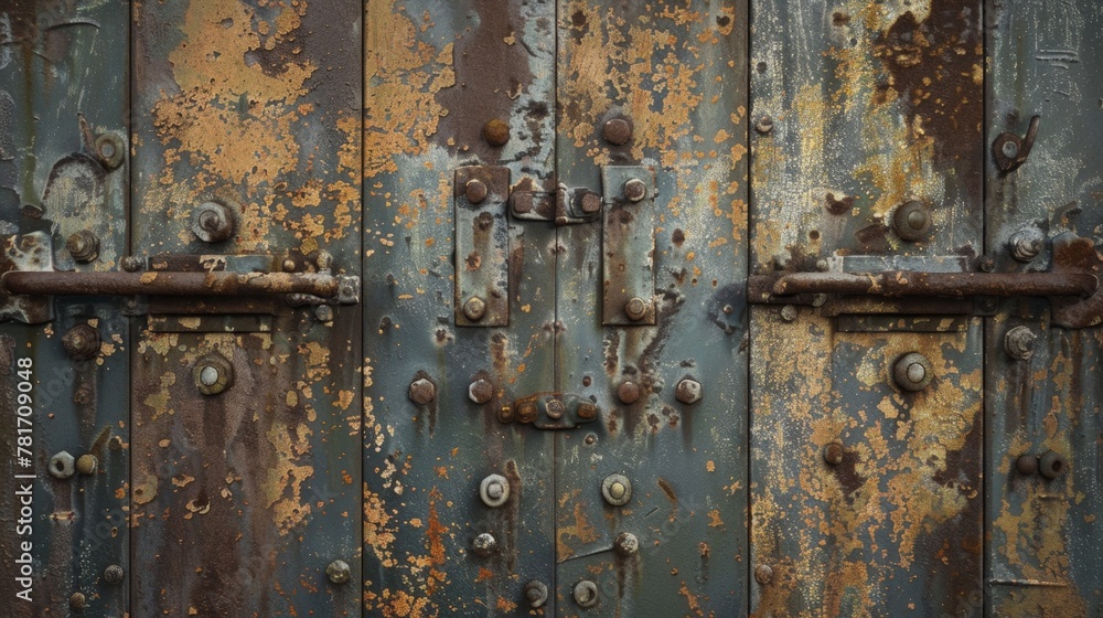 Rusty metal door with rusted paint and rivets on it