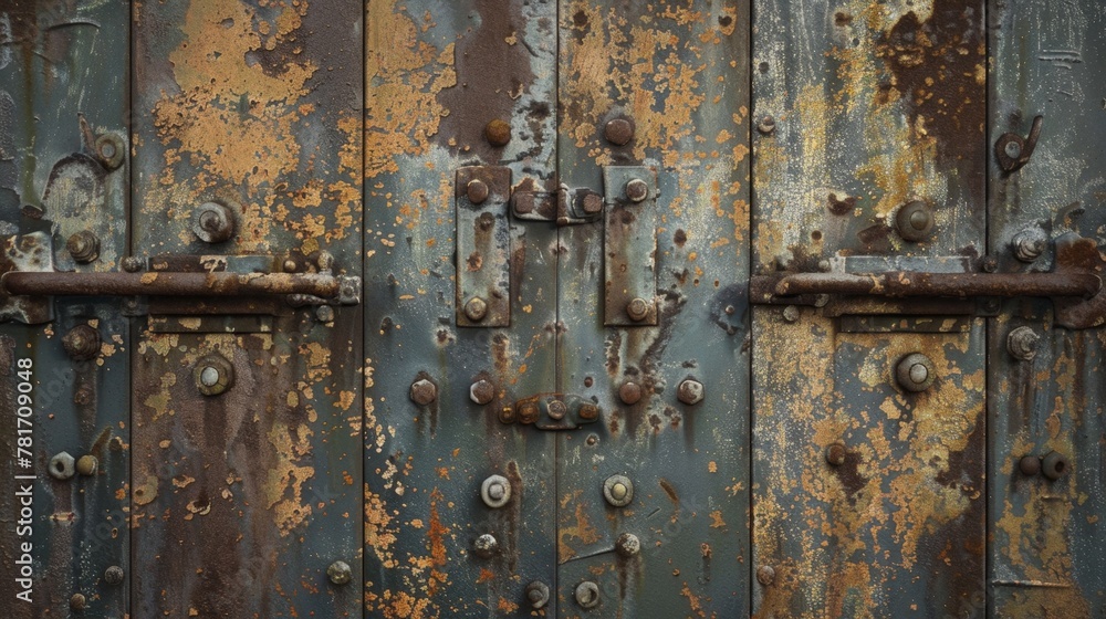 Rusty metal door with rusted paint and rivets on it Rusty metal door with rusted paint and rivets on it