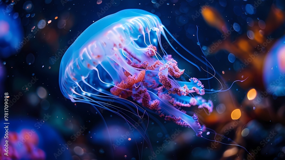 Digital underwater world blue jellyfish poster background Digital underwater world blue jellyfish poster background