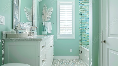 The bathroom continues the beachy theme with its seafoam green walls and sandycolored tile flooring. The shower features a mosaic of blue and white tiles mimicking the colors of the . photo