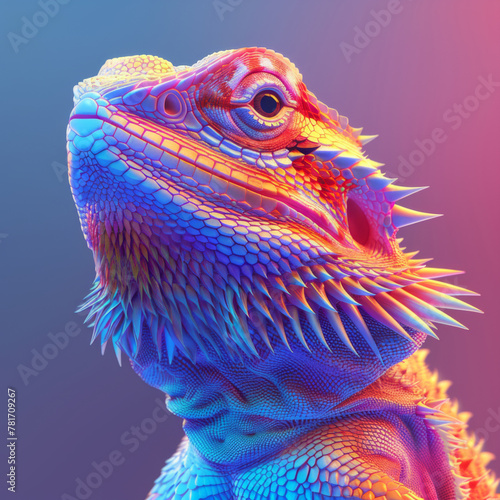Colorful and detailed close-up portrait of a bearded dragon, depicted in digital art style. photo