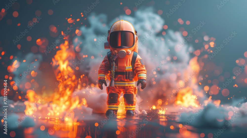 A 3D rendered astronaut toy bravely traversing through intense flames, evoking adventure and danger. A 3D rendered astronaut toy bravely traversing through intense flames, evoking adventure and danger.