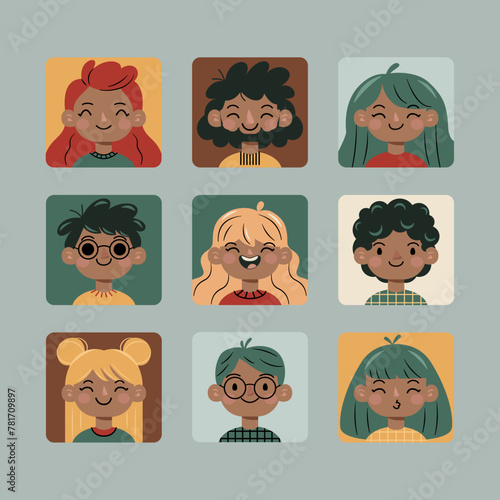 Portrety ludzi. Różne twarze i fryzury. Zabawne postacie. Awatar, urocze komiksowe buzie. Ręcznie rysowane ilustracje wektorowe. © Monika