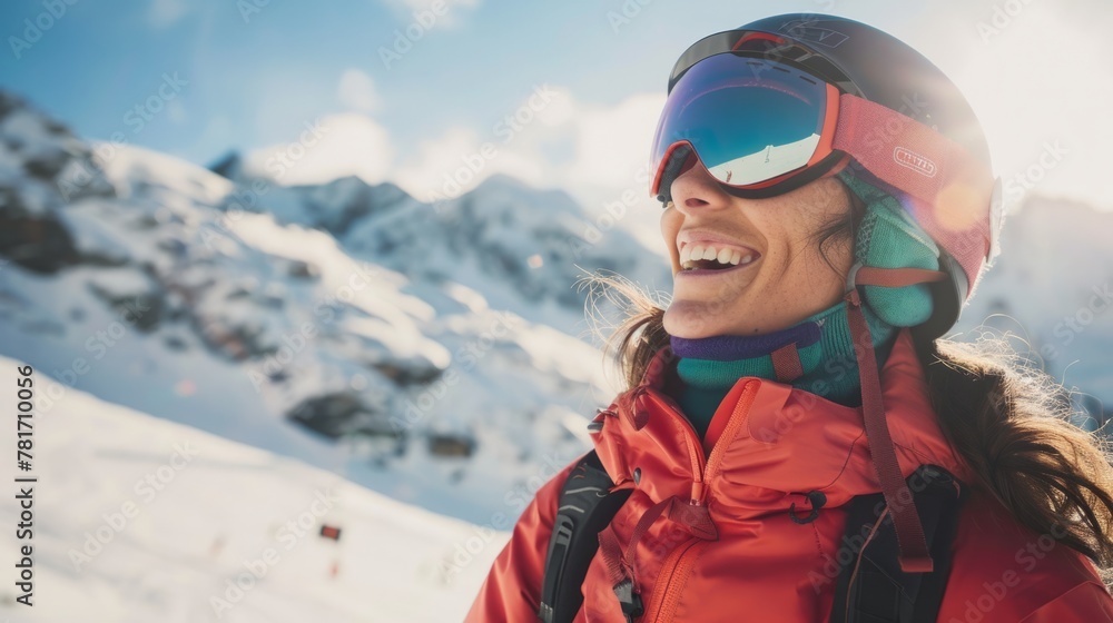 a woman smiling on a snowy mountain, snow skiing concept generative ai a woman smiling on a snowy mountain, snow skiing concept generative ai