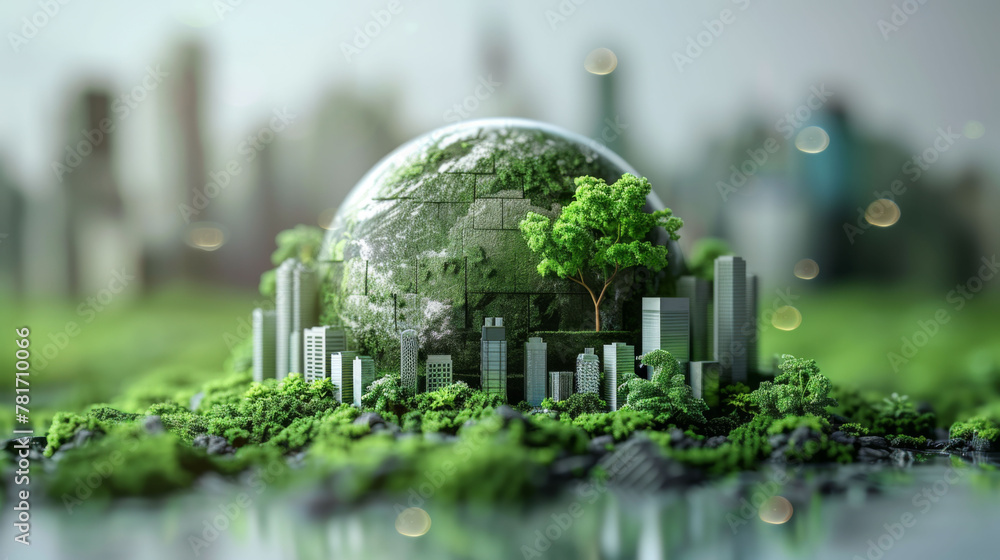 Conceptual image of a green globe amidst miniature cityscape, illustrating urban ecology and sustainable living.