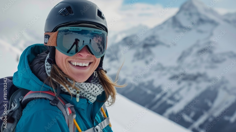 a woman smiling on a snowy mountain, snow skiing concept generative ai