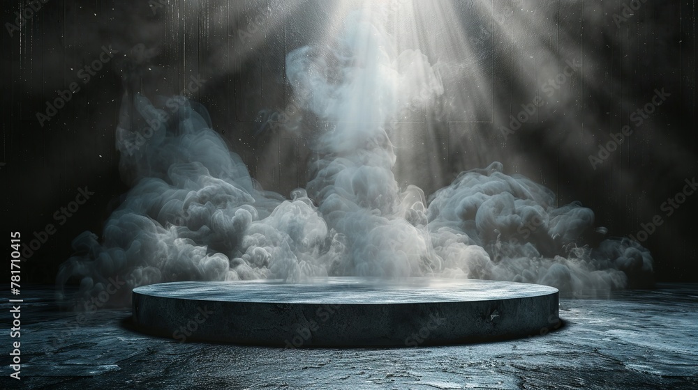 Podium black dark smoke background product platform abstract stage texture fog spotlight. Dark black floor podium dramatic empty night room table concrete wall scene place display studio smoky dust Podium black dark smoke background product platform abstract stage texture fog spotlight. Dark black floor podium dramatic empty night room table concrete wall scene place display studio smoky dust