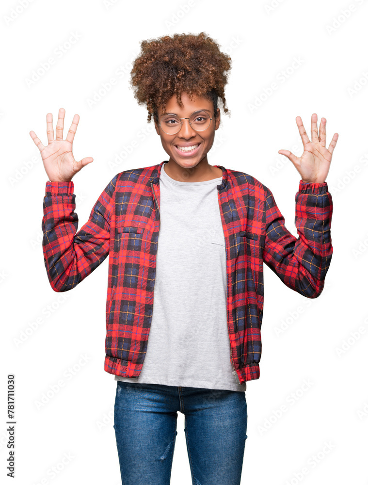 Beautiful young african american woman wearing glasses over isolated background showing and pointing up with fingers number ten while smiling confident and happy. Beautiful young african american woman wearing glasses over isolated background showing and pointing up with fingers number ten while smiling confident and happy.