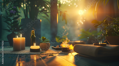  peaceful spa setting with candles incense and plants  atmosphere for relaxation in the evening.  a small table holding essential oils bottles and another bottle containing sandalwood oil on top of it photo