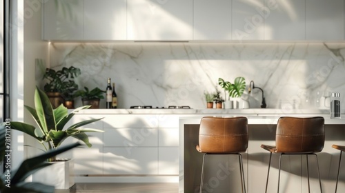 The kitchen is the epitome of modern minimalism with sleek white cabinets and countertops and a large leather bar stool at the counter. A few small potted plants add a hint of natural . photo