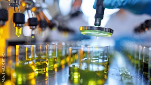 A laboratory setting with scientists analyzing samples of extracted algae oil under magnifying glasses and testing its efficiency as a biofuel source in smallscale engines. . photo