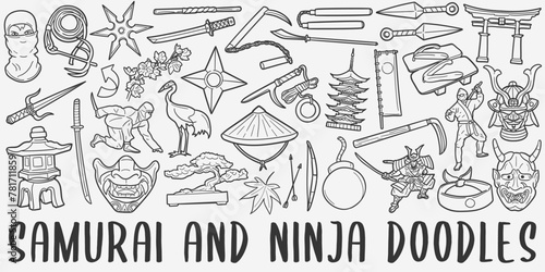 Samurai and Ninja doodle icon set. Asian Warriors Vector illustration collection. Banner Hand drawn Line art style.