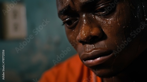 A closeup of an actor in the midst of an emotional scene tears streaming down their face as they rehe their lines in a sp theater dressing room. . photo