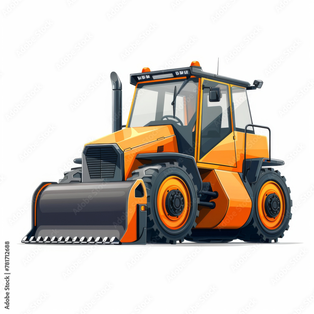 Digitally rendered illustration of an orange heavy-duty bulldozer with a front blade, isolated on white.