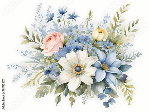 soft delicate baby blue and white bouquet of flowers watercolor © Daffodil