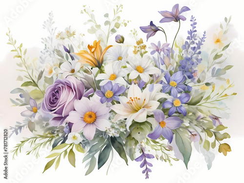 soft delicate purple and white bouquet of flowers watercolor © Daffodil