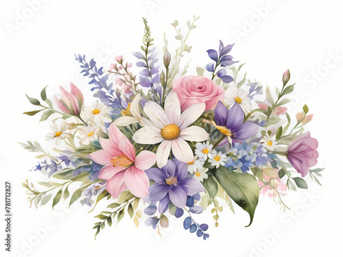 soft delicate purple and white bouquet of flowers watercolor