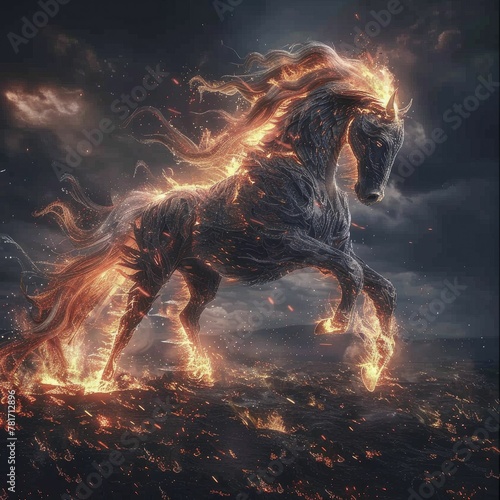 Capturing the infernal grace: A majestic portrait of a demon cloaked as a noble steed with fiery mane and sparking hooves. photo