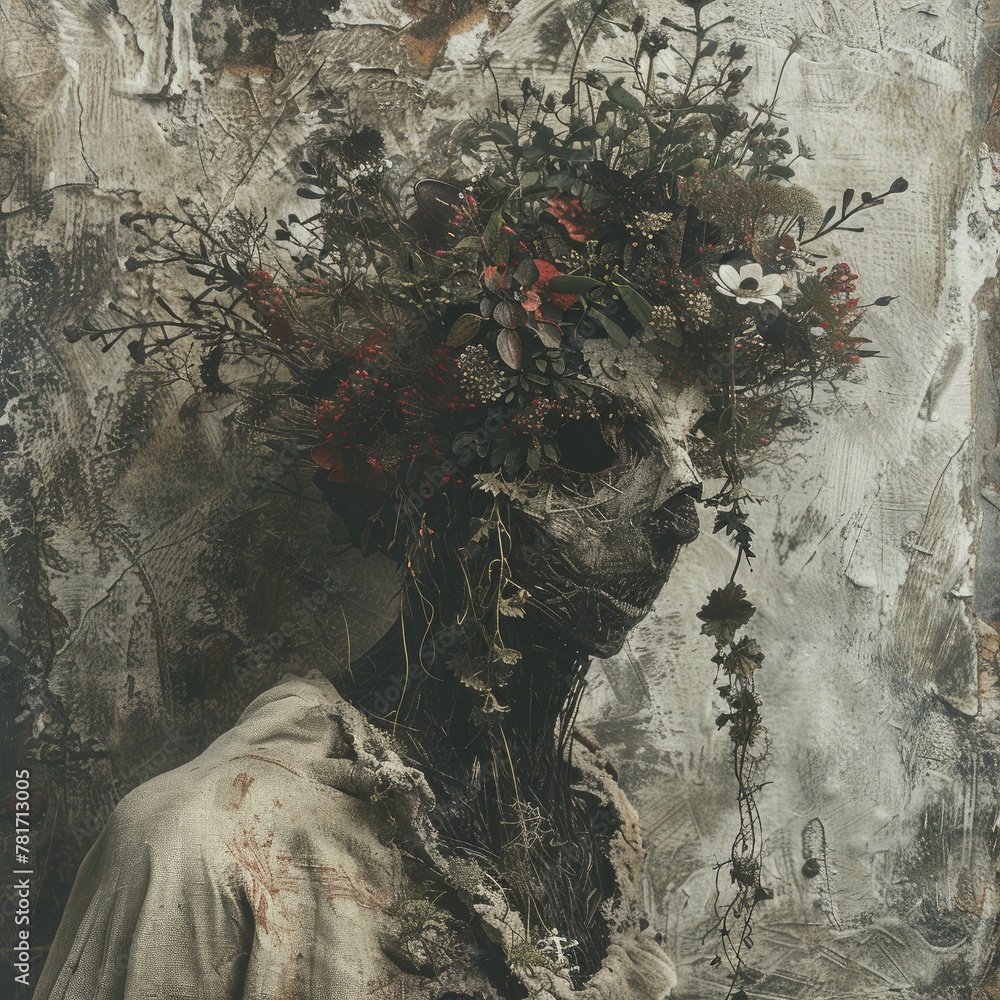 Capturing the eerie transformation of flora amidst decay, this hauntingly beautiful portrait reveals a demon's symbiotic realm. - obrazy, fototapety, plakaty 