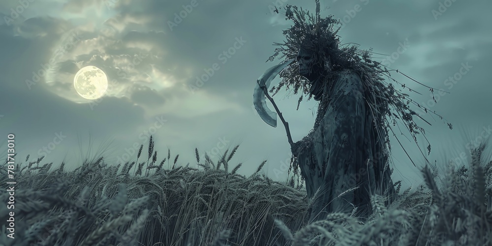 Capturing the eerie essence of a harvest demon with a wheat crown and gleaming scythe under the moon in pastoral portrait style. - obrazy, fototapety, plakaty 
