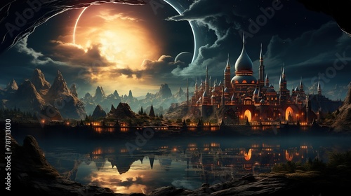 Fantasy landscape with fantasy castles and moon