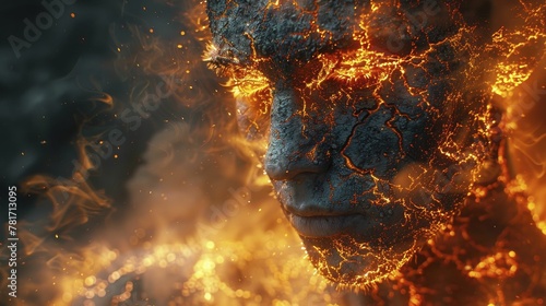 A demon with a body made of molten lava, cracks glowing with intense heat, in a powerful portrait photography style.