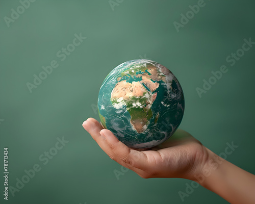 Human hand holding planet earth on green background, international mother earth day concept, generative content, close-up.