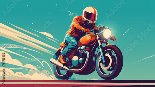 A vibrant vintage motorcycle illustration featuring a rider in motion against a stylized backdrop.